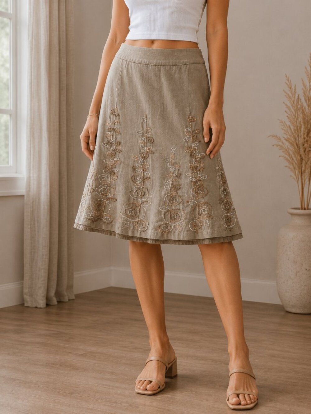 San Francisco Embroidered Flared Midi Skirt • Boho Neutral Aesthetic • Size 5